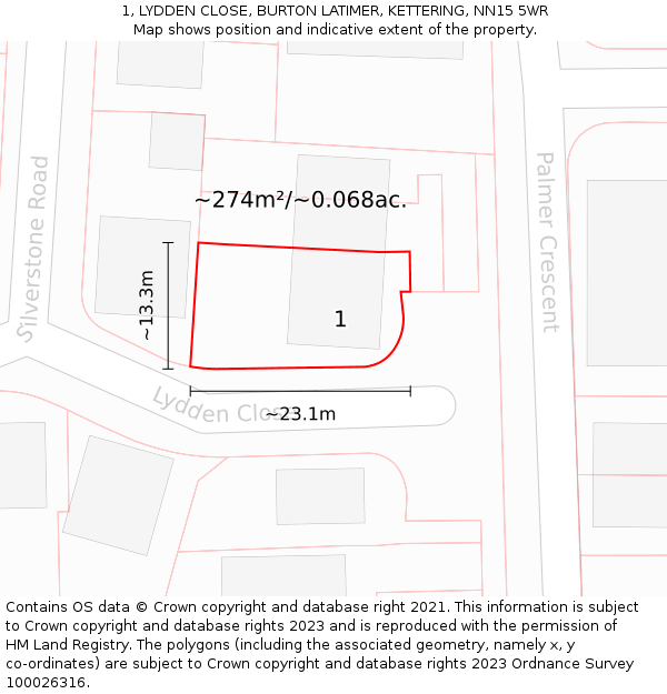 1, LYDDEN CLOSE, BURTON LATIMER, KETTERING, NN15 5WR: Plot and title map