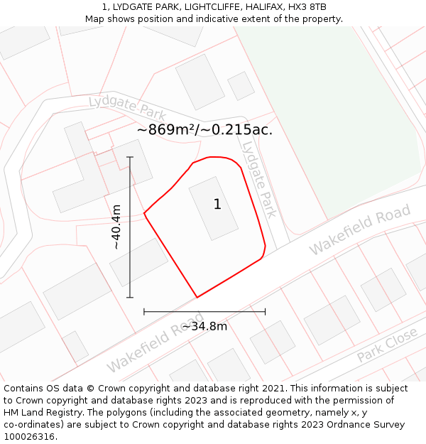 1, LYDGATE PARK, LIGHTCLIFFE, HALIFAX, HX3 8TB: Plot and title map