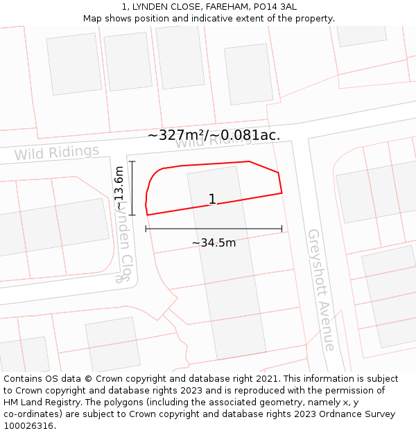 1, LYNDEN CLOSE, FAREHAM, PO14 3AL: Plot and title map