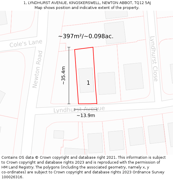 1, LYNDHURST AVENUE, KINGSKERSWELL, NEWTON ABBOT, TQ12 5AJ: Plot and title map