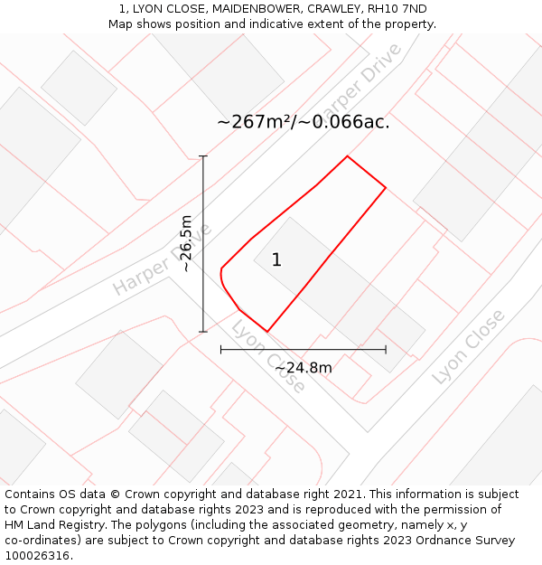 1, LYON CLOSE, MAIDENBOWER, CRAWLEY, RH10 7ND: Plot and title map