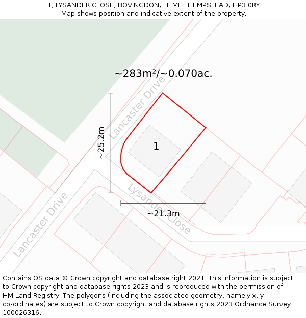 1, LYSANDER CLOSE, BOVINGDON, HEMEL HEMPSTEAD, HP3 0RY: Plot and title map