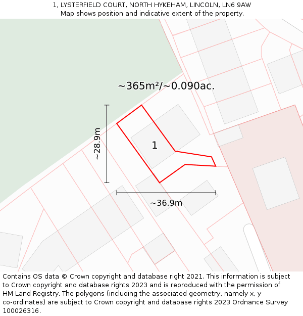 1, LYSTERFIELD COURT, NORTH HYKEHAM, LINCOLN, LN6 9AW: Plot and title map