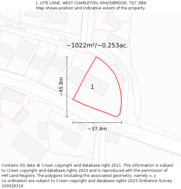 1, LYTE LANE, WEST CHARLETON, KINGSBRIDGE, TQ7 2BW: Plot and title map