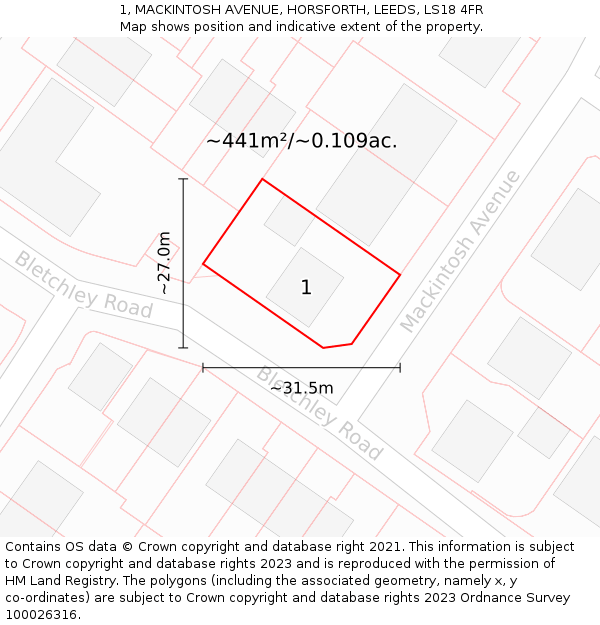 1, MACKINTOSH AVENUE, HORSFORTH, LEEDS, LS18 4FR: Plot and title map