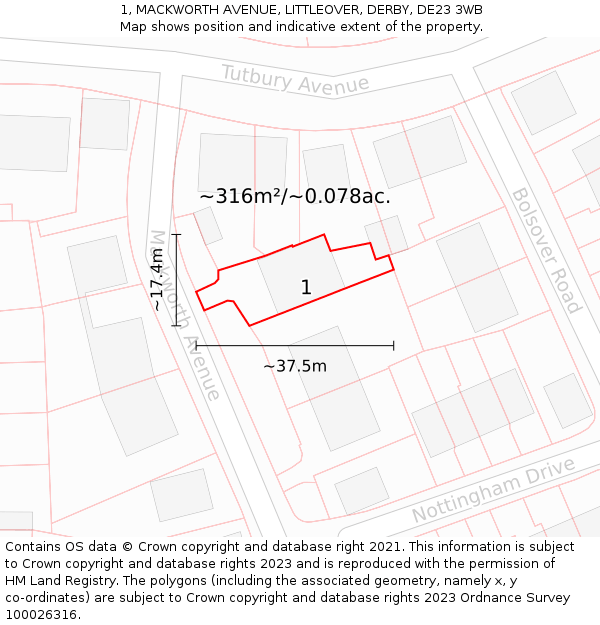 1, MACKWORTH AVENUE, LITTLEOVER, DERBY, DE23 3WB: Plot and title map