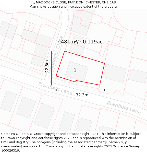 1, MADDOCKS CLOSE, FARNDON, CHESTER, CH3 6AB: Plot and title map