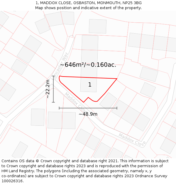 1, MADDOX CLOSE, OSBASTON, MONMOUTH, NP25 3BG: Plot and title map