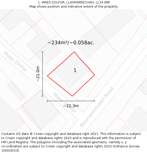 1, MAES DOLFOR, LLANFAIRFECHAN, LL33 0RP: Plot and title map