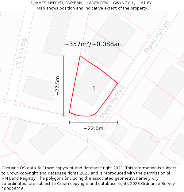 1, MAES HYFRYD, DWYRAN, LLANFAIRPWLLGWYNGYLL, LL61 6YH: Plot and title map