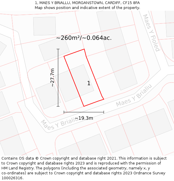 1, MAES Y BRIALLU, MORGANSTOWN, CARDIFF, CF15 8FA: Plot and title map