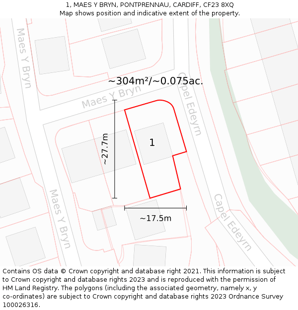 1, MAES Y BRYN, PONTPRENNAU, CARDIFF, CF23 8XQ: Plot and title map
