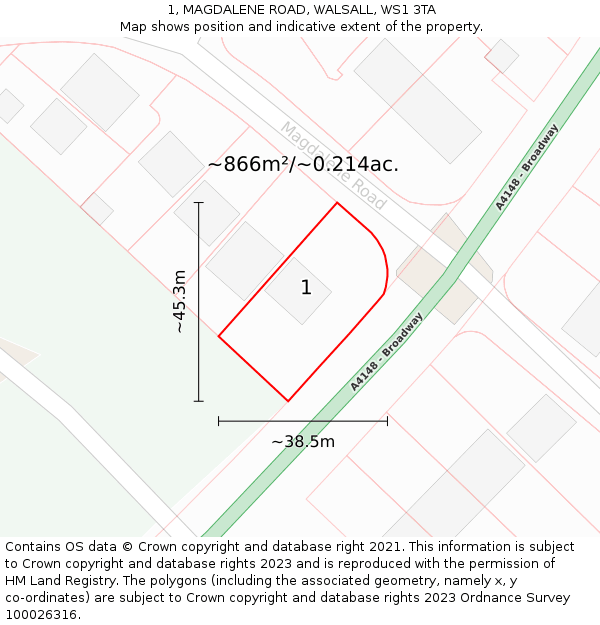 1, MAGDALENE ROAD, WALSALL, WS1 3TA: Plot and title map