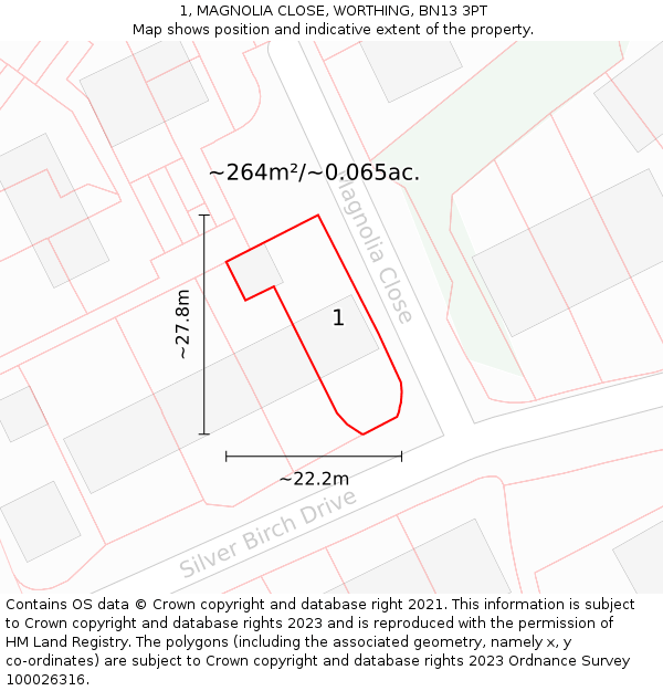 1, MAGNOLIA CLOSE, WORTHING, BN13 3PT: Plot and title map