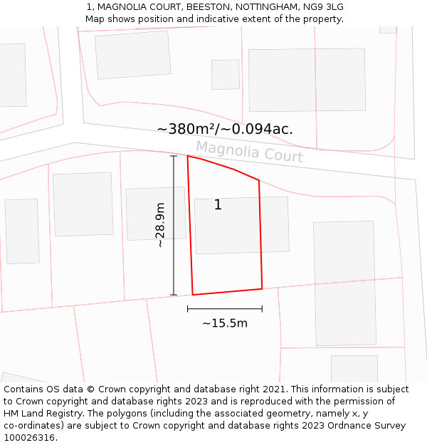 1, MAGNOLIA COURT, BEESTON, NOTTINGHAM, NG9 3LG: Plot and title map