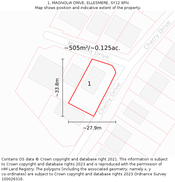 1, MAGNOLIA DRIVE, ELLESMERE, SY12 9PN: Plot and title map