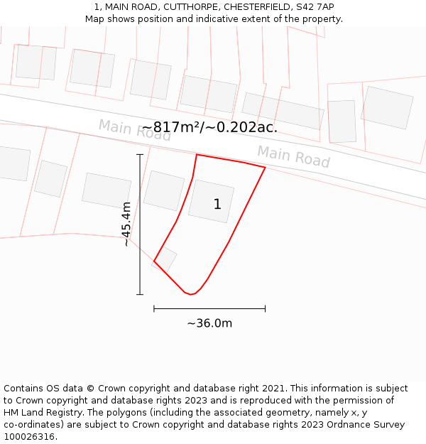 1, MAIN ROAD, CUTTHORPE, CHESTERFIELD, S42 7AP: Plot and title map