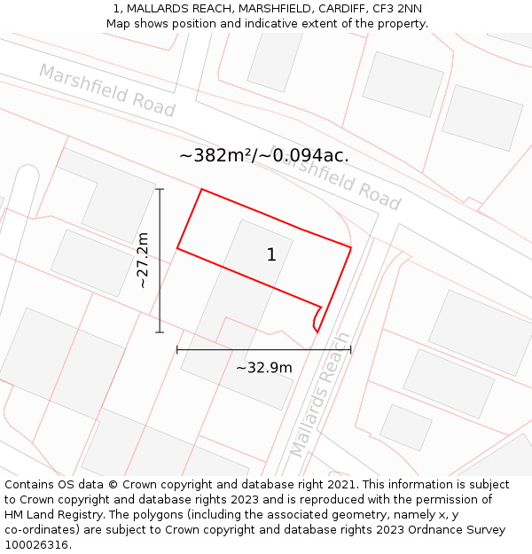 1, MALLARDS REACH, MARSHFIELD, CARDIFF, CF3 2NN: Plot and title map