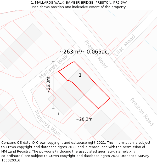 1, MALLARDS WALK, BAMBER BRIDGE, PRESTON, PR5 6AY: Plot and title map