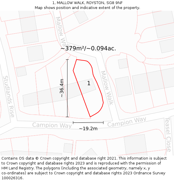 1, MALLOW WALK, ROYSTON, SG8 9NF: Plot and title map