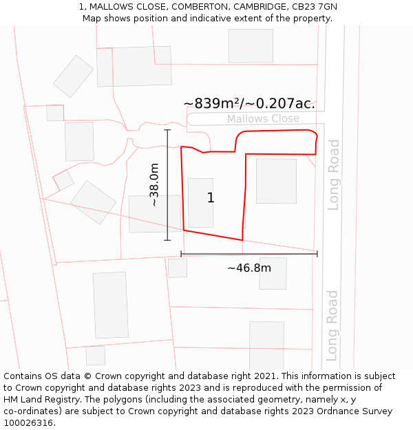1, MALLOWS CLOSE, COMBERTON, CAMBRIDGE, CB23 7GN: Plot and title map