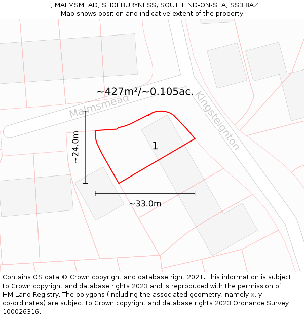 1, MALMSMEAD, SHOEBURYNESS, SOUTHEND-ON-SEA, SS3 8AZ: Plot and title map