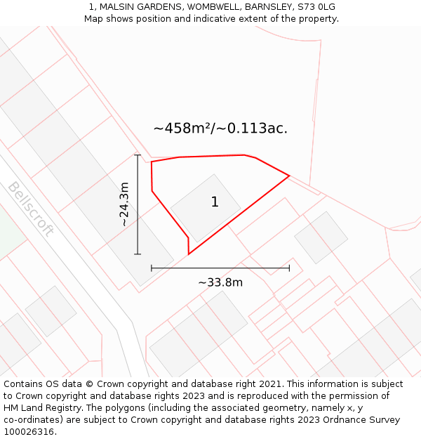 1, MALSIN GARDENS, WOMBWELL, BARNSLEY, S73 0LG: Plot and title map