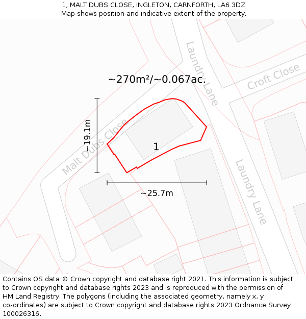 1, MALT DUBS CLOSE, INGLETON, CARNFORTH, LA6 3DZ: Plot and title map