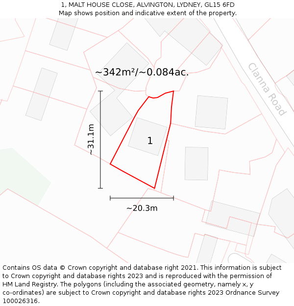 1, MALT HOUSE CLOSE, ALVINGTON, LYDNEY, GL15 6FD: Plot and title map