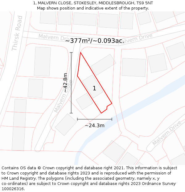1, MALVERN CLOSE, STOKESLEY, MIDDLESBROUGH, TS9 5NT: Plot and title map