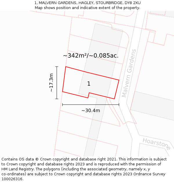 1, MALVERN GARDENS, HAGLEY, STOURBRIDGE, DY8 2XU: Plot and title map