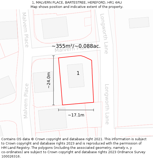 1, MALVERN PLACE, BARTESTREE, HEREFORD, HR1 4AU: Plot and title map