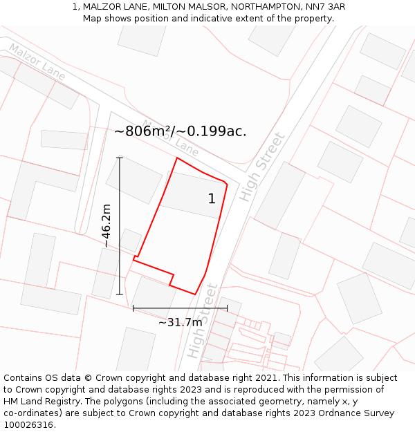 1, MALZOR LANE, MILTON MALSOR, NORTHAMPTON, NN7 3AR: Plot and title map