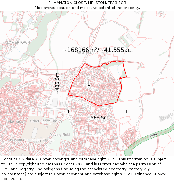 1, MANATON CLOSE, HELSTON, TR13 8GB: Plot and title map