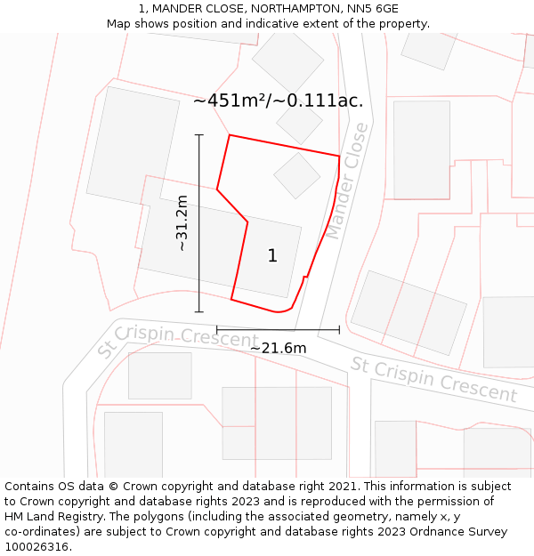 1, MANDER CLOSE, NORTHAMPTON, NN5 6GE: Plot and title map