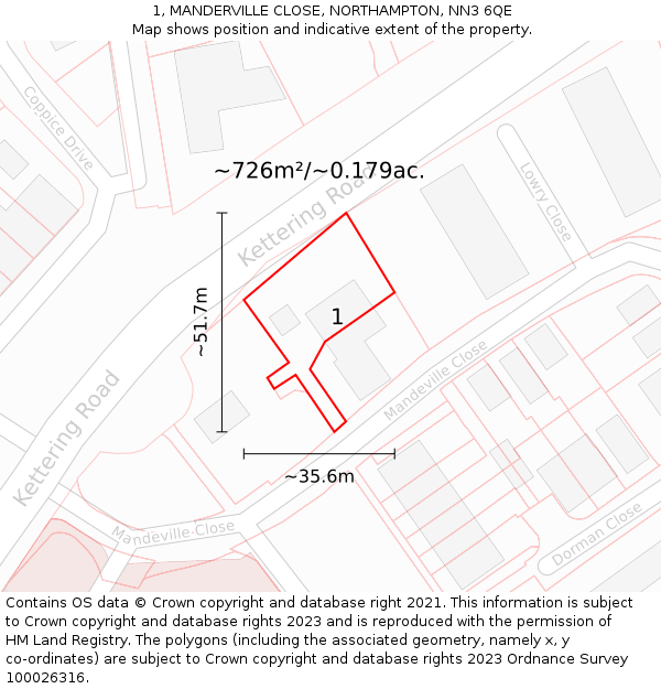 1, MANDERVILLE CLOSE, NORTHAMPTON, NN3 6QE: Plot and title map