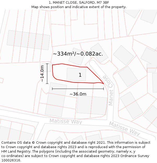 1, MANET CLOSE, SALFORD, M7 3BF: Plot and title map