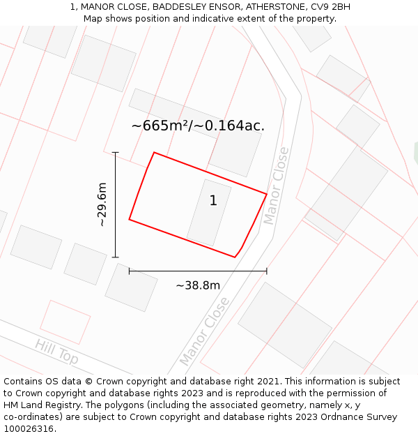 1, MANOR CLOSE, BADDESLEY ENSOR, ATHERSTONE, CV9 2BH: Plot and title map