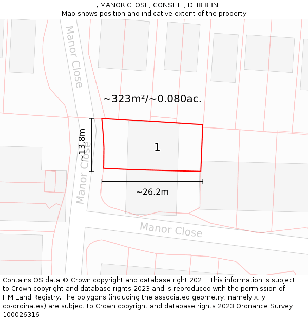 1, MANOR CLOSE, CONSETT, DH8 8BN: Plot and title map