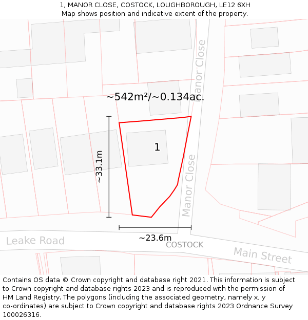 1, MANOR CLOSE, COSTOCK, LOUGHBOROUGH, LE12 6XH: Plot and title map