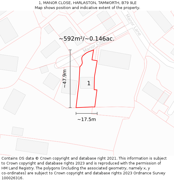 1, MANOR CLOSE, HARLASTON, TAMWORTH, B79 9LE: Plot and title map