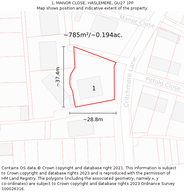 1, MANOR CLOSE, HASLEMERE, GU27 1PP: Plot and title map