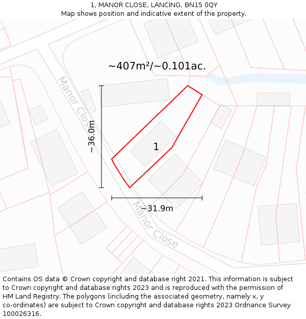 1, MANOR CLOSE, LANCING, BN15 0QY: Plot and title map