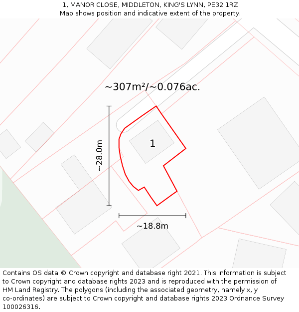 1, MANOR CLOSE, MIDDLETON, KING'S LYNN, PE32 1RZ: Plot and title map
