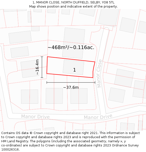 1, MANOR CLOSE, NORTH DUFFIELD, SELBY, YO8 5TL: Plot and title map