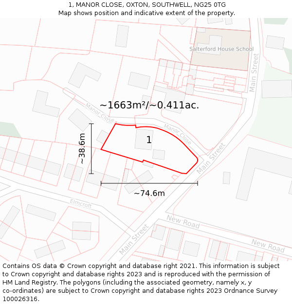 1, MANOR CLOSE, OXTON, SOUTHWELL, NG25 0TG: Plot and title map