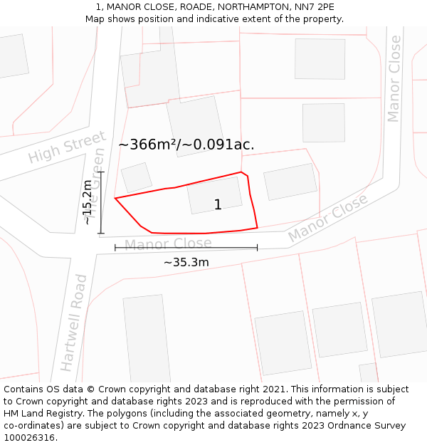 1, MANOR CLOSE, ROADE, NORTHAMPTON, NN7 2PE: Plot and title map