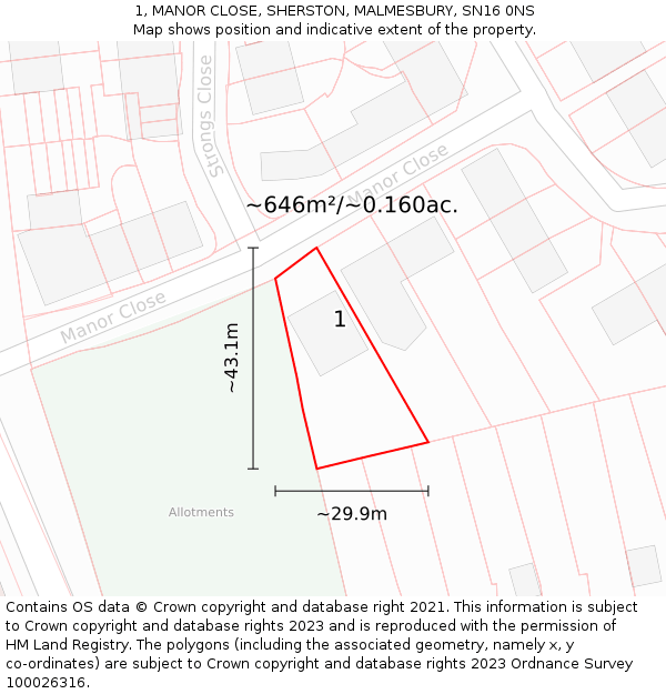 1, MANOR CLOSE, SHERSTON, MALMESBURY, SN16 0NS: Plot and title map