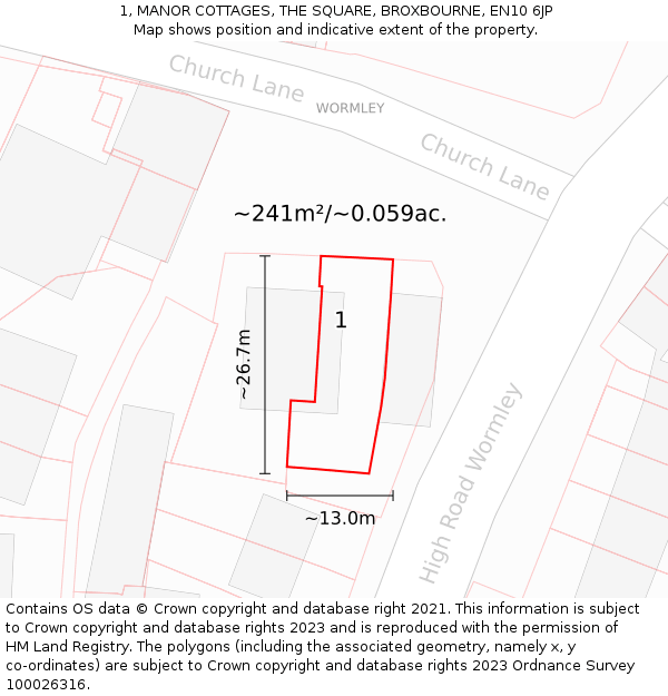 1, MANOR COTTAGES, THE SQUARE, BROXBOURNE, EN10 6JP: Plot and title map
