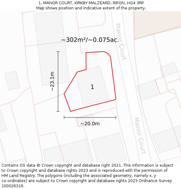 1, MANOR COURT, KIRKBY MALZEARD, RIPON, HG4 3RP: Plot and title map